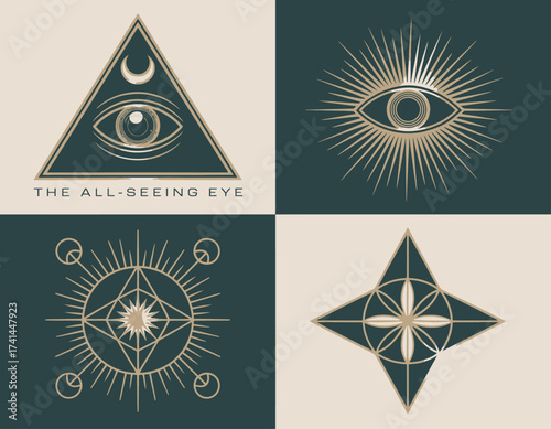 This image features a symmetrical design of the all-seeing eye, enclosed in a triangular shape, symbolizing awareness, insight, and awareness of the unseen.