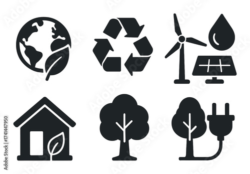Sustainable environment symbols: earth, recycling, wind energy, solar power, eco house, tree, plug