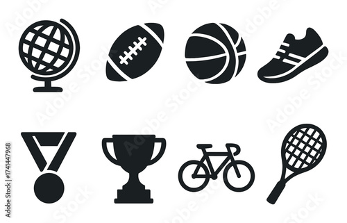 Collection of sport symbols: globe, ball, shoe, trophy, bicycle, racquet