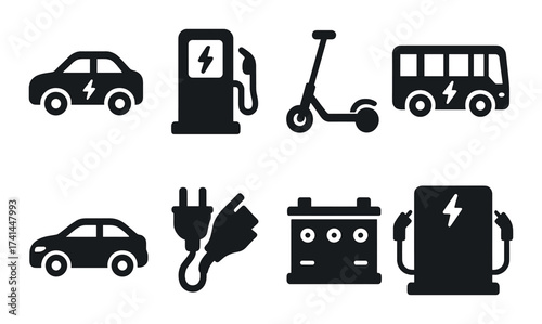 Electric vehicles and charging icons set on black background