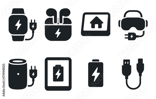 Charging icons: wearables, earphones, smart home, vr headset, speaker, tablet, battery, usb cables