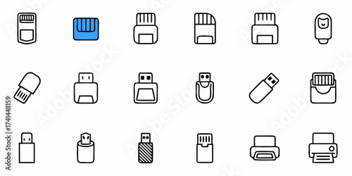 Modern technology icons capture diverse digital storage and data transfer devices for innovative design projects