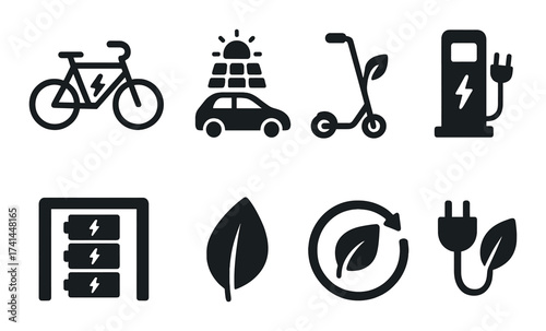 Eco-friendly transportation icons: electric bike, car, scooter, charging stations, renewable energy