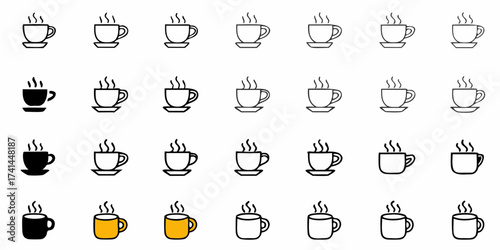 Savor the warmth and aroma of hot beverages with this diverse collection of steaming coffee and tea cup icons in various styles.