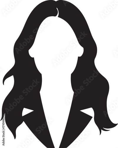 Black and white graphic silhouette of a woman's head and shoulders with a suit jacket and collar female