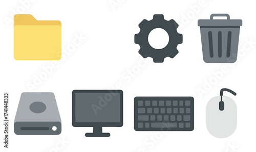 Digital interface icons: folder, gear, trash, hardware, and accessories