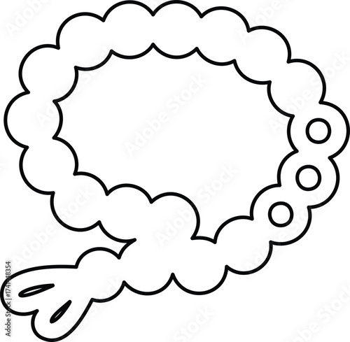 Outline drawing of prayer beads or rosary loop-Black and white minimalist illustration of a circular string of beads resembling a rosary or meditation mala with simple outline style.
