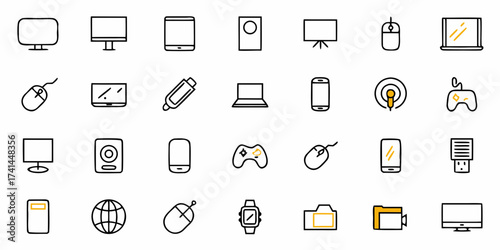 Modern technology icons featuring computers, phones, gaming controllers, and accessories for digital communication and entertainment