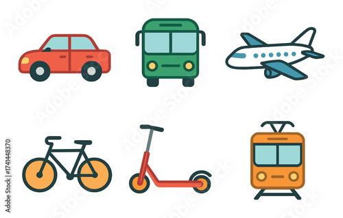 Colorful icons of various transportation modes including car, bus, airplane, bike, scooter, and tram