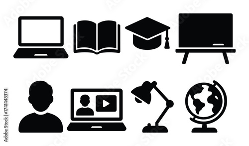 Education icons: laptop, book, graduation cap, chalkboard, student, video call, lamp, globe