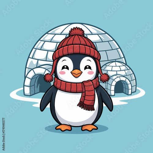 A charming penguin wearing a festive hat poses cheerfully in a snowy environment by a cozy igloo, capturing the spirit of winter and joy.