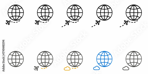 Global travel icons show airplanes flying around the world with dashed lines and clouds in various styles