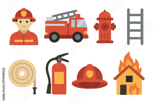 Firefighting equipment icons featuring firefighter, truck, hydrant, ladder, and burning house