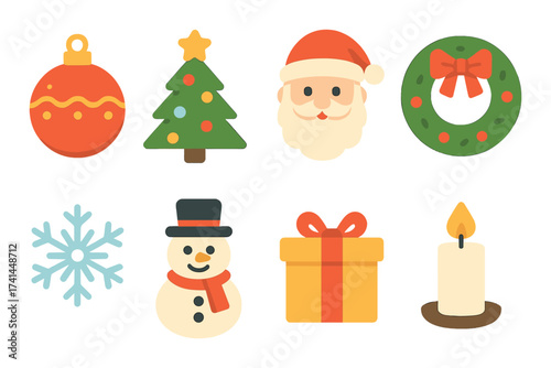 Festive holiday icons: santa, snowman, tree, gifts, and candle representing christmas spirit
