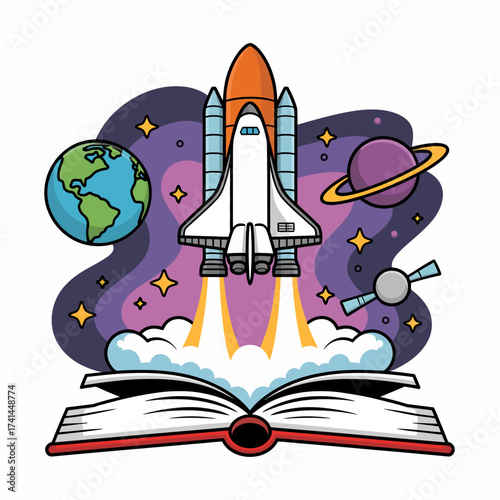 A dynamic illustration of a rocket launching from an open book, symbolizing imagination, adventure, exploration, and the limitless potential of knowledge and creativity.