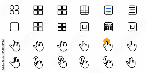 Modern UI icons featuring grid layouts, document symbols, and various cursor pointer gestures for digital interfaces
