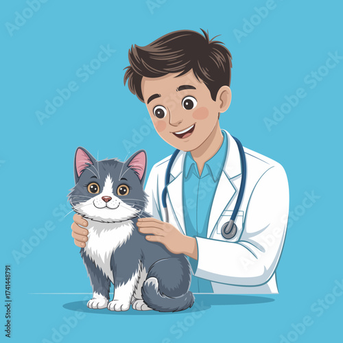 A young veterinarian is lovingly caring for a grey and white cat, illustrating the compassion and dedication present in the field of animal care and veterinary medicine.