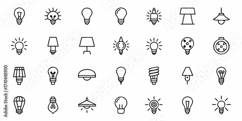 Diverse light bulb and lamp icons representing innovation, ideas, and illumination for modern design projects