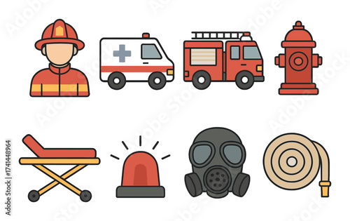 Emergency response icons featuring firefighter gear and vehicles