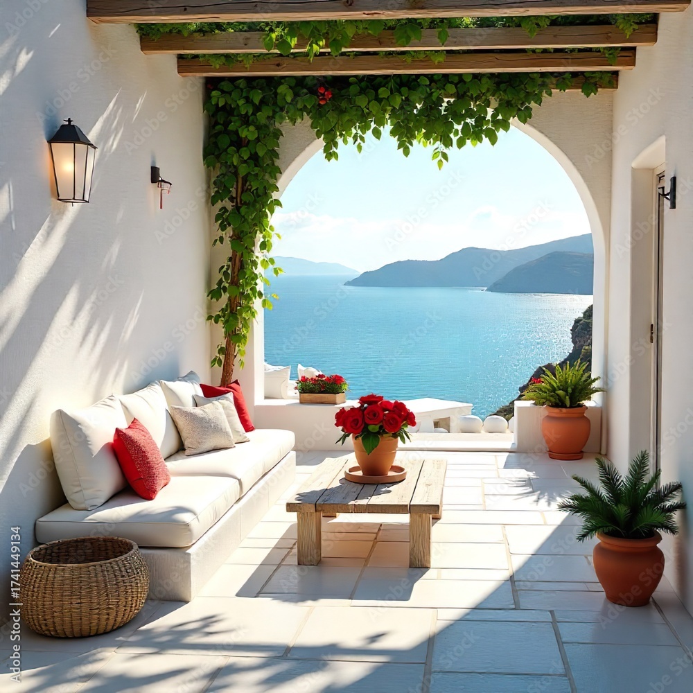 Obraz premium Rustic lounge sofa and coffee table on white stone terrace. Traditional mediterranean architecture. Summer background with sea view.