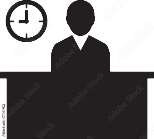 Black silhouette icon of a person behind a desk with a clock on a white background user