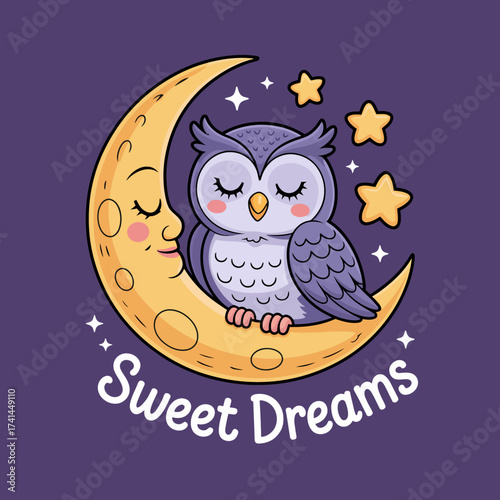 An adorable owl perched on a crescent moon with stars, capturing a whimsical and comforting vibe, ideal for children's rooms and sleep-related themes, in soothing purple.
