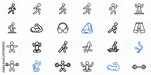 Dynamic fitness icons capture movement, strength, and wellness activities for vibrant health and active lifestyles