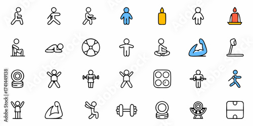 Vibrant collection of simple icons representing yoga poses, fitness activities, and wellness symbols for modern design.