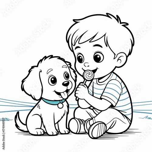 This delightful black-and-white illustration showcases a child sharing a lollipop with a charming puppy, representing friendship and playful innocence in a heartwarming scene.