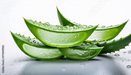 fresh aloe vera leaves with water drops on white background