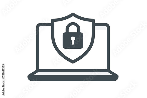 Cyber security concept. Data protection with laptop, shield and padlock icon. Internet privacy, network safety and secure confidential information. Antivirus firewall technology.