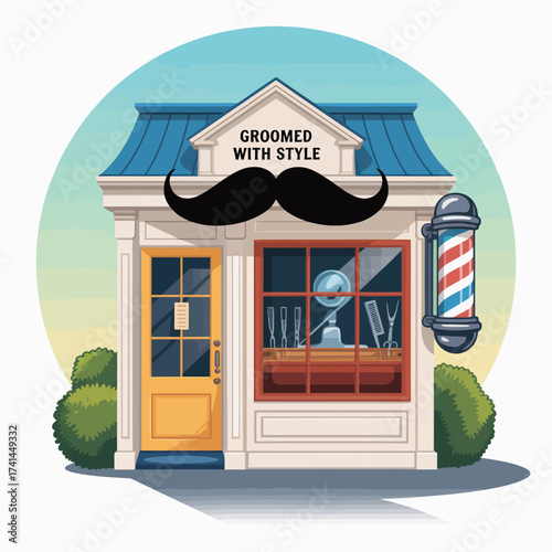 The barber shop features a striking mustache design, encapsulating vintage charm with a modern flair, inviting clients to enjoy stylish grooming services in a friendly atmosphere.