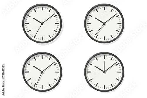 Set of modern minimalist black and white wall clocks. Vector illustration of four round office clocks showing different times. Time management, schedule, deadline concept.