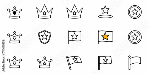Collection of simple icons featuring crowns, shields, flags, and stars conveying achievement and recognition