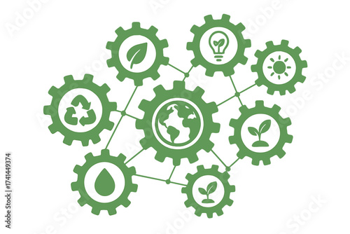 Ecology mechanism concept. Green technology background. Sustainable industry. Connected gears with icons for eco friendly, energy, environment, green, recycle, bio, global.