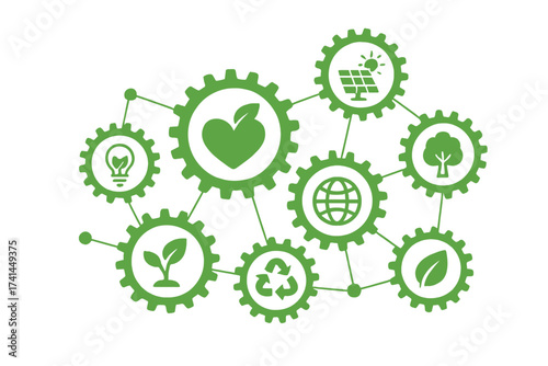Ecology mechanism concept with green gears. Sustainable development, environmental conservation, and renewable energy. Icons for recycling, bio, global, and eco friendly ideas.