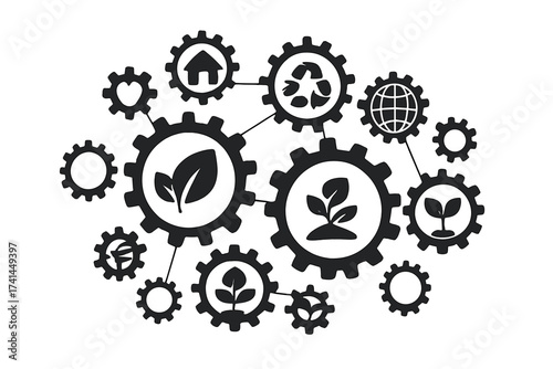 Sustainability as a mechanism. Green technology concept. Connected gears with ecology icons like recycle, plant, globe. Eco friendly industry and environmental process.