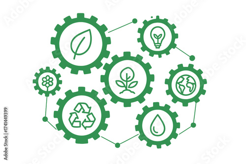 Ecology mechanism concept. Abstract background of connected gears. Icons for eco friendly, energy, environment, green, recycle, bio, global concepts. Sustainable technology vector.