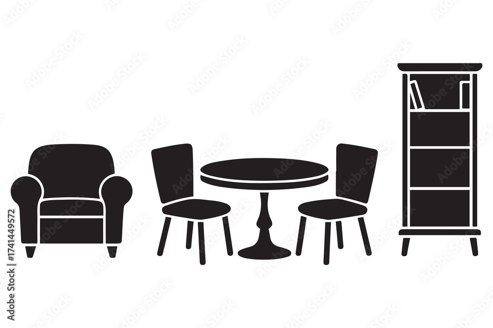 Fototapeta premium Set of home furniture silhouettes vector isolated. Vector Black silhouettes. with white background