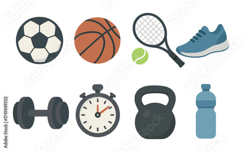 Sports equipment icons: soccer ball, basketball, tennis racket, running shoe, dumbbell, stopwatch, kettlebell, water bottle
