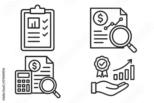 Financial auditing icon set. Business report and data analysis concept. Accounting review, tax process, and financial research verification icons. Quality value growth symbol.