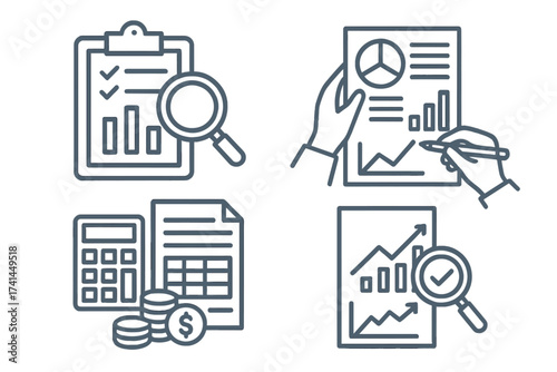 Financial auditing report line icon set. Business data analysis, financial research, accounting review, and verification concept. Auditor, tax process, and budget management icons.