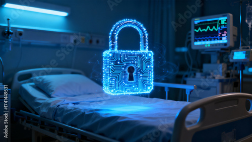 Digital padlock hovering over a hospital bed with medical equipment in the background in blue light