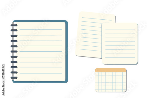 Flat design vector set of notepad, paper sheets, and memo pad. Isolated school and office supplies. Open spiral notebook with lined paper. Blank template with copy space for text.
