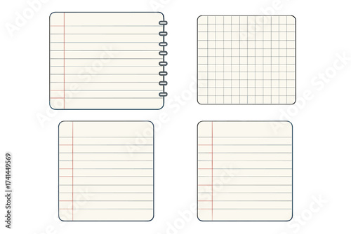 Set of paper sheets and notepad pages. Lined paper, grid paper, and spiral notebook vector illustration. School and office supply concept with copy space for text. Flat design.