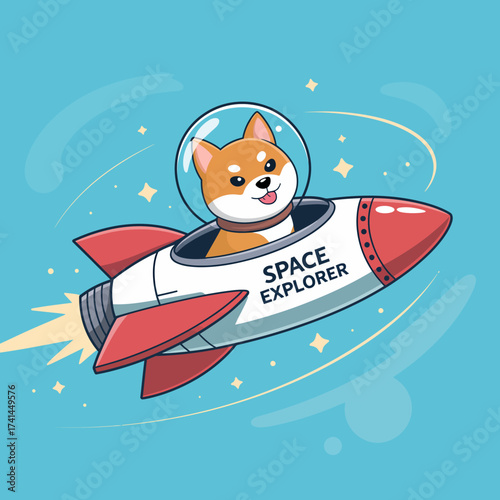 A playful cartoon Shiba Inu dons a space helmet while flying in a colorful rocket ship, representing adventure and exploration. A fun image for pet lovers and space enthusiasts.