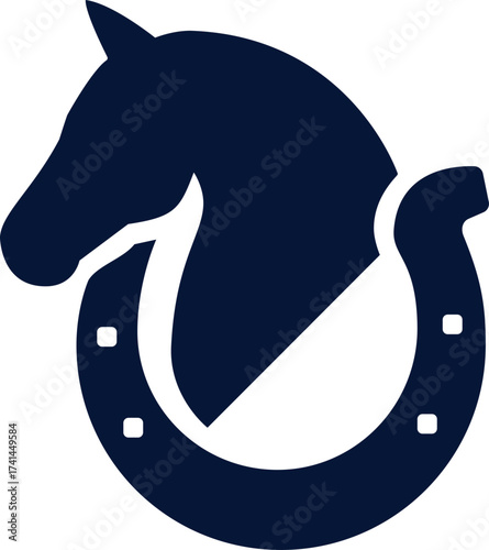 Logo for an equestrian equipment brand, it retains the silhouette of the horse’s head and the horseshoe in a dark blue tone for an elegant and sober style.