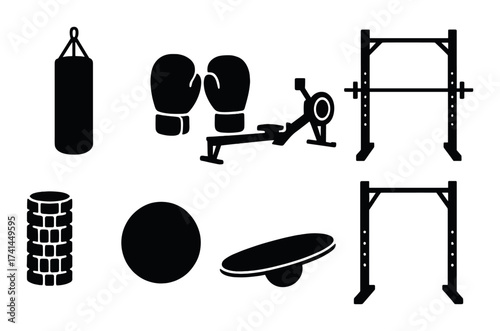 Silhouettes of gym equipment on olive green background