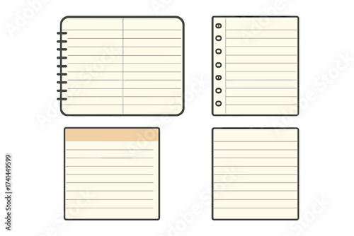 Notepad and paper sheets vector set. Flat design open notebook, planner pages, and memo notes. School and office stationery illustration with copy space for text. Lined paper template.