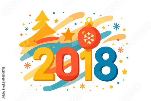 Merry Christmas and Happy New Year 2018 vector concept. Festive holiday greeting card with colorful abstract shapes, xmas tree, ornament bauble, stars, modern typography.